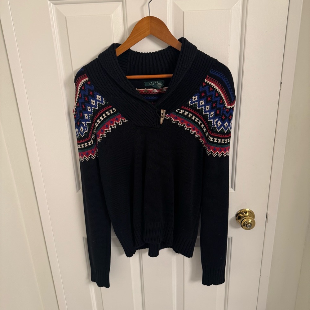 Lauren Ralph Lauren Fair Isle Nordic Shawl Collar Sweater length 25 in P2P 20 in
